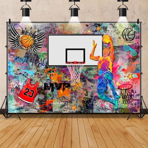 Vista 7 de Telón de fondo de baloncesto para decoración de fiesta de baloncesto, pancarta de 5 x 3 pies, foco de estadio, fotografía, telón de fondo