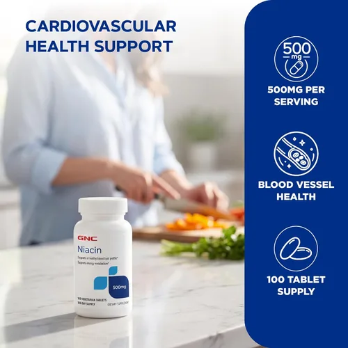 Vista 8 de GNC - Suplemento de niacina de 500 mg, apoya la salud de los vasos sanguíneos, 100 tabletas