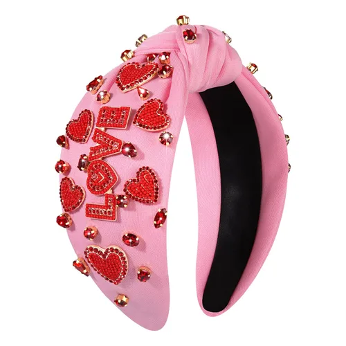 Vista 9 de MOLOCH Diadema de corazón rosa para mujer con diamantes de imitación, diadema de corazón con nudo de cristal, banda ancha de terciopelo a la moda