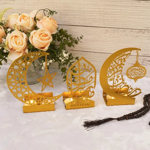 Vista 6 de 3 piezas de decoración de Ramadán de metal dorado para el hogar 2026, letrero de Eid Mubarak Kareem, centro de mesa islámico, decoración
