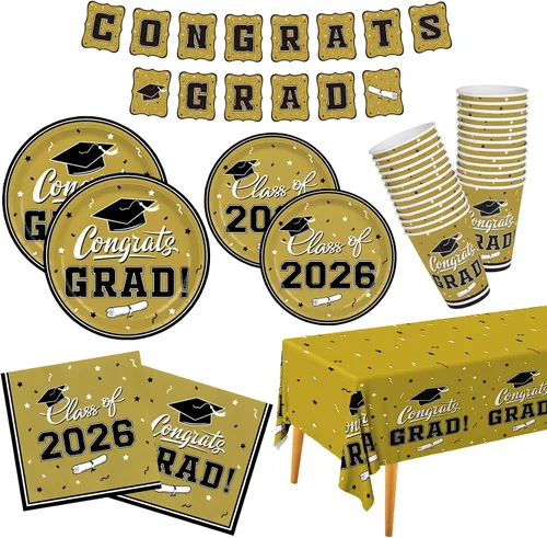 Vista 15 de Decoraciones de graduación de clase de 2026, juego de vajilla de fiesta de graduación de graduación negro y dorado, platos de papel desechables