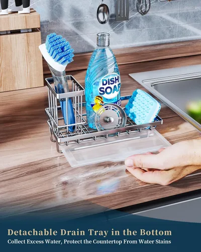 Vista 4 de Consumest Organizador para fregadero, soporte de esponja de cocina con soporte para cepillos de platos, organizador de cocina con bandeja de goteo