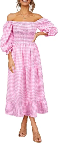 Vista 3 de NIUQI Vestido midi bohemio a cuadros para mujer cuello cuadrado hombros descubiertos manga abombada fruncido escalonado con volantes