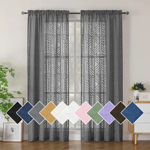 Vista 51 de Simplebrand Cortinas traslúcidas negras de cocina de 24 pulgadas de largo, 2 paneles, filtrado de luz, geométrico jacquard con textura, cortinas