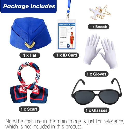 Vista 2 de Keymall Conjunto de accesorios de azafata de vuelo para niños, sombrero de azafata para niñas, disfraz de carrera, cosplay, disfraz de Halloween Azul