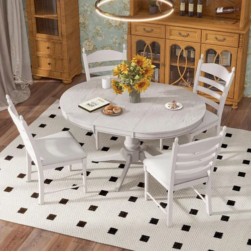 Vista 2 de Juego de mesa de comedor funcional retro de 5 piezas, mesa de comedor redonda extensible de madera y 4 sillas de comedor tapizadas para restaurante