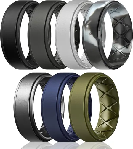 Vista 10 de Egnaro - Anillos de boda de silicona con borde escalonado para hombres con diseño de arco en el interior, 7, 4 y 1 anillo, cómodos para entrenar