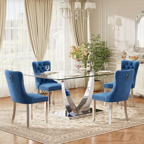 Vista 11 de Juego de mesa de comedor de cristal moderno de mediados de siglo para 4, 63 pulgadas, juego de comedor rectangular grande de lujo con parte superior