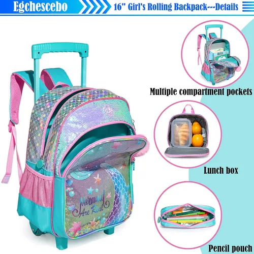 Vista 5 de Egchescebo Mochila de viaje para niños con ruedas transparentes para niñas, Blue-MRY, Mochilas tipo mochila