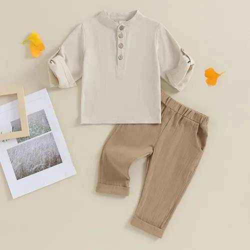 Vista 3 de Karuedoo Conjunto de camisas Henley de algodón y lino con botones y pantalones casuales para bebé niño