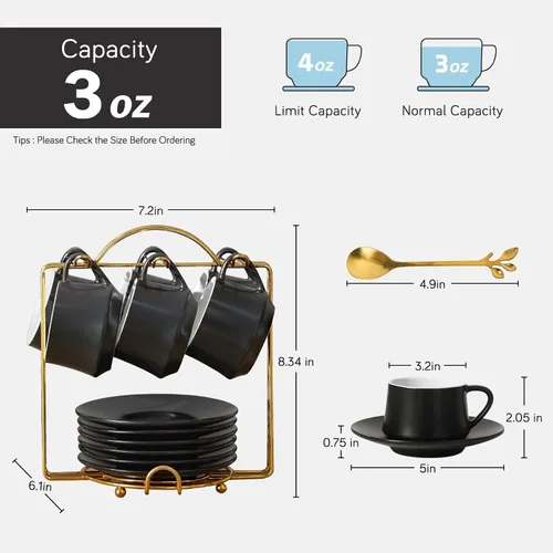 Vista 4 de Lareina Juego de 6 tazas de café de porcelana de 3 onzas, tazas de café apilables con platillos, cucharas y soporte de metal, tazas de cerámica