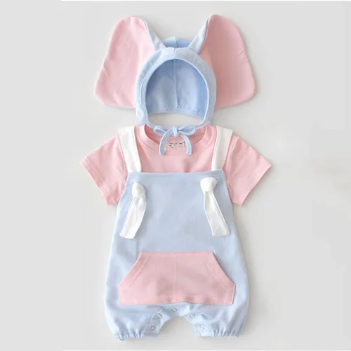 Vista 2 de Overol de retazos para bebés recién nacidos, pantalones con tirantes y lindo sombrero de elefante para verano (azul, 9-12 meses)