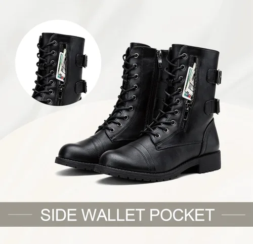Vista 4 de Vepose Botas de combate militares de 28 a media pantorrilla para mujer con bolsillo tipo billetera para cuchillo de tarjetas