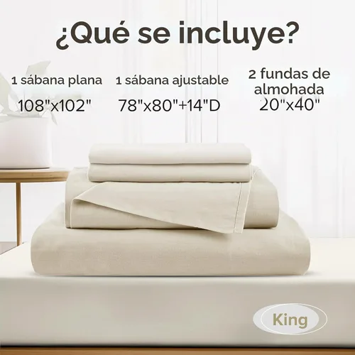 Vista 8 de Comfort Spaces Sábanas 100% algodón tamaño King, transpirables y ultra suaves, sábanas de algodón naturalmente fresco con bolsillo elástico de 14