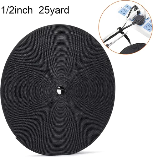 Vista 3 de Cinta de sujeción reutilizable de 1/2 pulgada para sujetar cables, cinta de gestión de cables de doble cara de gancho y bucle (negro, 25 yardas)
