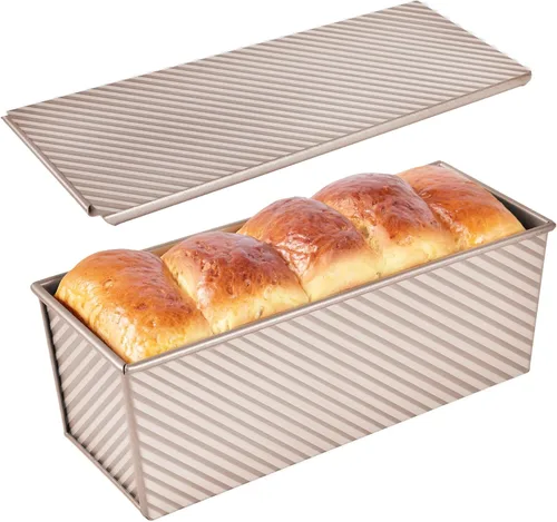 Vista 8 de Mini molde para pan Pullman con tapa, antiadherente rectangular de 0.25 kg, caja plana para tostar en horno (Oro champán)