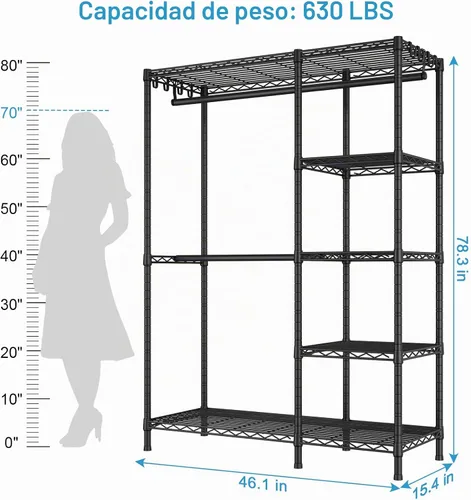 Vista 6 de F2 - Perchero de ropa de 5 niveles, perchero resistente para dormitorio, organizador de almacenamiento de clóset ajustable independiente, 46.1