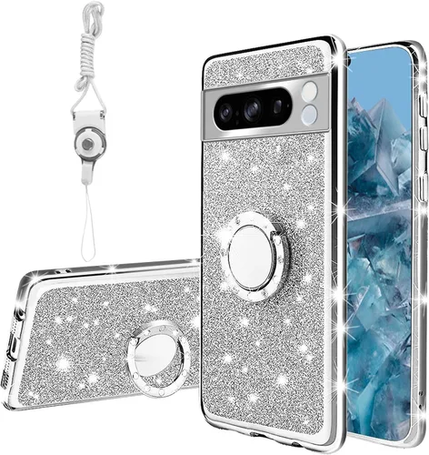 Vista 38 de Funda compatible con Google Pixel 6 Pro para mujer, con purpurina, suave, elegante, transparente, TPU de lujo, bonita funda protectora con correa
