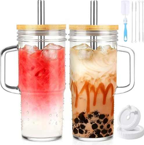 Vista 14 de Birity Vasos de vidrio de 16 onzas con tapas y popotes, vaso de vidrio con popote y tapa, tazas de café helado reutilizables para té, jugo