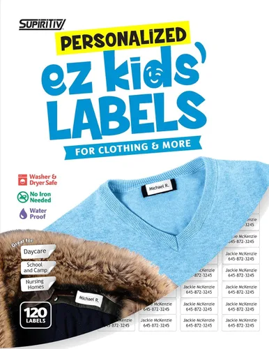 Vista 2 de 120 etiquetas de nombre impermeables personalizadas, icono de bola, autoadhesivas, para ropa, escuela, campamento, enfermería, juguetes, multiusos