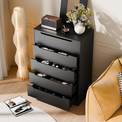 Vista 7 de Cozy Castle - Cómoda de 5 cajones, cómoda moderna de madera con gran organizador, gabinete de almacenamiento con acento de madera para sala de Negro