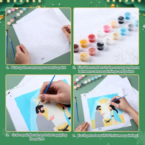 Vista 3 de Kosiz Paquete de 10 Escenas de Natividad Navideñas para Pintar por Números para Niños y Adultos de 8x8 Pulgadas, Kits de Pintura al Óleo de Navidad