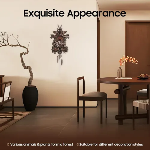 Vista 5 de Reloj de cuco de madera de estilo alemán con péndulo, funciona con pilas, reloj de pared con decoración de bosque, silenciador nocturno y volumen