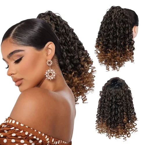 Vista 18 de PEACOCO Extensión de cola de caballo rizada con cordón para mujeres negras - Cola de caballo de 6 pulgadas con clip, postizo sintético de afro corto