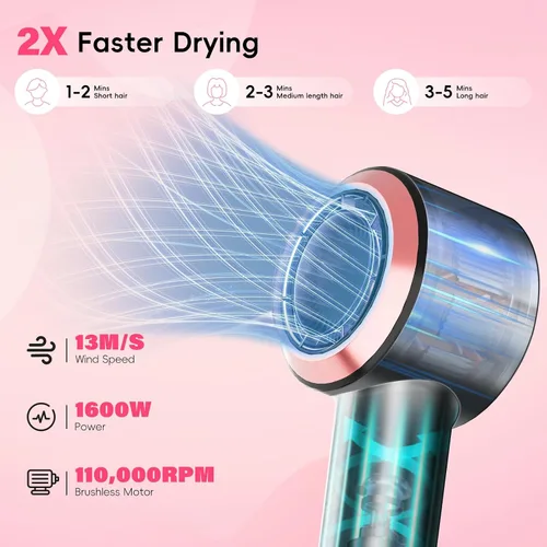 Vista 2 de CINOSTAR Secador de pelo, secado rápido con difusor, con motor sin escobillas de 110, 000 RPM y tecnología iónica sin daños por calor, ligero