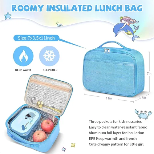 Vista 5 de Mochilas para niñas, mochila escolar con lonchera aislada, juego para niñas de primaria (azul sirena)