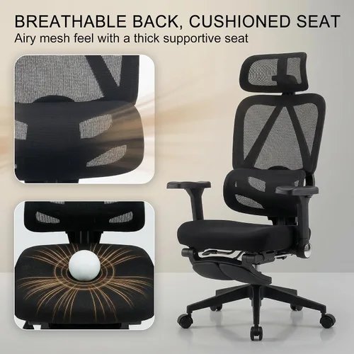 Vista 8 de Silla de oficina ergonómica de malla con reposabrazos, silla de escritorio grande y alta con soporte lumbar, silla giratoria de computadora