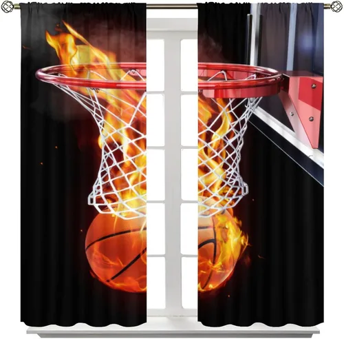 Vista 8 de Cortinas deportivas de baloncesto para niños, patrón de llama de bola 3D naranja, 42 pulgadas de ancho x 45 pulgadas de largo