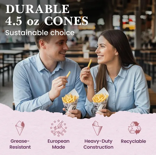 Vista 2 de Friteshop LeMende - Conos de papel de periódico francés – Vasos desechables para servir aperitivos – K13, 4.5 oz Mini Snacks – 100 unidades Le