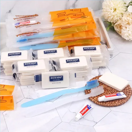 Vista 6 de 50 cepillos de dientes desechables con pasta de dientes y 50 barras de jabón Individually Wrapped, 2 Colors, Travel Size, Bulk Amenities and
