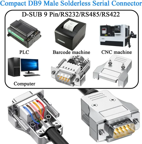 Vista 5 de QIANRENON Carcasa de metal DB9 conector serial sin soldadura compacto DB9 macho adaptador de terminal de crimpado chapado en oro D-SUB 9pin enchufe
