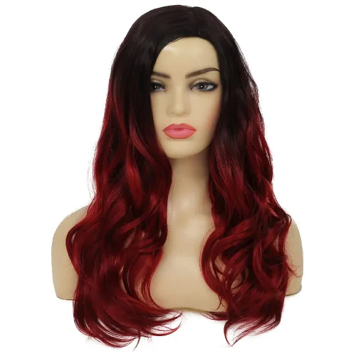 Vista 2 de Kaneles Peluca rizada de color rojo degradado, pelucas de cabello largo ondulado para mujer, pelucas de fibra sintética negra y roja para fiesta
