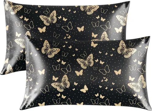 Vista 38 de EXQ Home - Funda de almohada de satén para cuidar el cabello y la piel, tamaño estándar, de seda con estampado negro, juego de 2 fundas con cierre