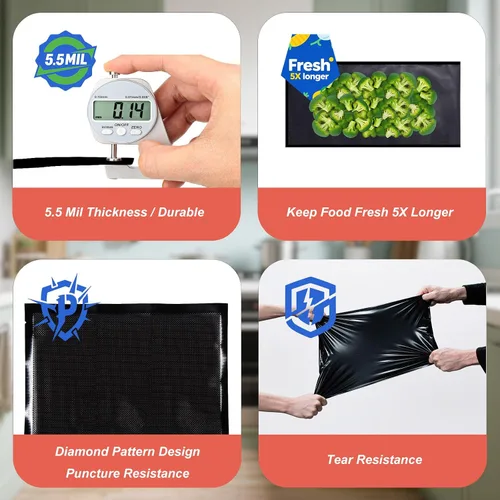 Vista 5 de Bolsas selladoras al vacío negras de 15 x 20 pulgadas, bolsas de sellado al vacío precortadas de 5.5 mil para almacenamiento de alimentos, al vacío