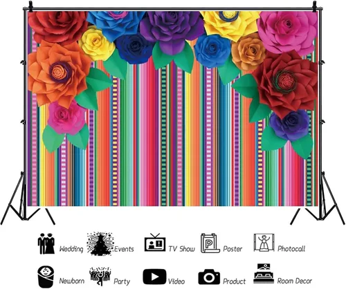 Vista 3 de Telón de fondo mexicano de 5 x 3 pies para fotografía de flores de papel colorido mexicano Cinco de Mayo Carnival Festival telón de fondo colorido a