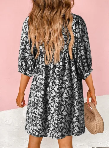 Vista 2 de Dokotoo Vestido de verano para mujer, casual, bohemio, floral, con cordón, cuello en V, manga de farol, de gasa, con vuelo, mini vestido de verano