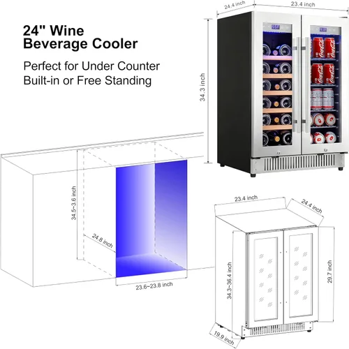 Vista 2 de Cobalance Refrigerador de vino y bebidas de doble zona de 24 pulgadas, enfriador de 72 latas y 20 botellas y enfriador de vino de una sola botella