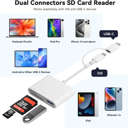 Vista 2 de Lector de Tarjetas SD para iPhone iPad Cámara con USB C, Lector de Tarjetas de Memoria con Ranura Dual Soporta Tarjetas SD/TF Visor de Cámara