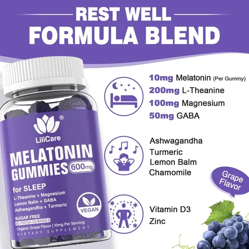 Vista 4 de Gomitas de melatonina de 10 mg 20 mg para adultos sin azúcar, extra fuerte con L-teanina, Ashwagandha, magnesio, cúrcuma, GABA, bálsamo de limón