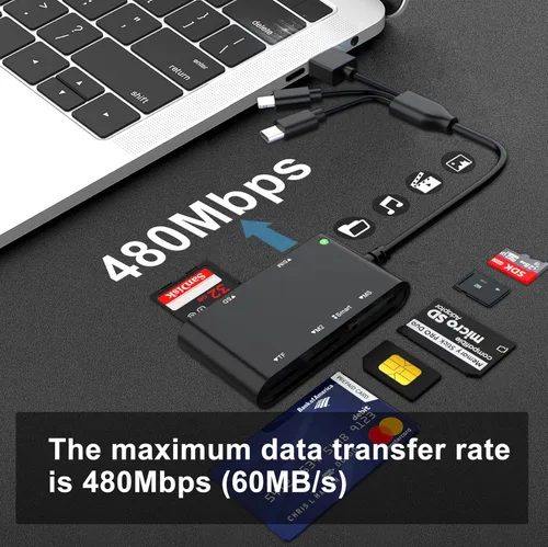 Vista 5 de Lector de tarjetas inteligentes 7 en 1 con conectividad de 3 puertos - Lightning/USB-C/USB-A Lector de tarjetas CAC y PIV, SD/TF/MS Pro