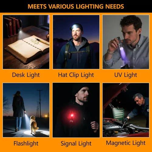 Vista 7 de SKYFIRE 2Pack linterna recargable EDC con encendedor eléctrico, clip y base magnética, mini linternas con luz LED UV roja y blanca, luz de bolsillo