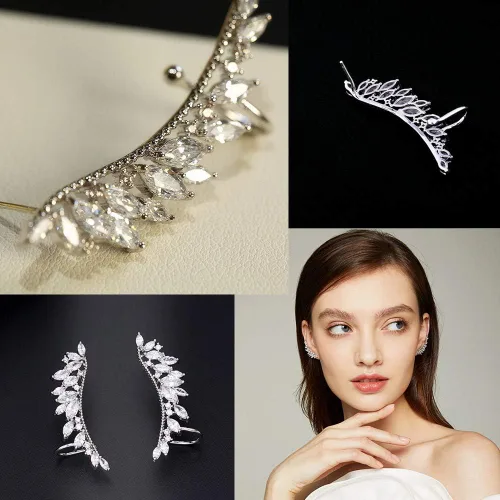 Vista 5 de Pendientes de plata de ley 925 con diseño de pluma de circonita cúbica para mujer y niña diseño de ala de vid