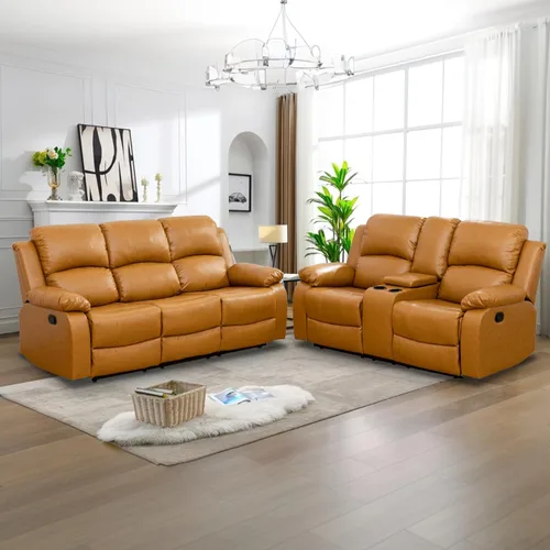 Vista 28 de Juego de Muebles para Sala de Estar, Juego de Sofá Reclinable Manual, Juegos de Sofás Reclinables de Cuero Beige con Mesa Desplegable, Sofá
