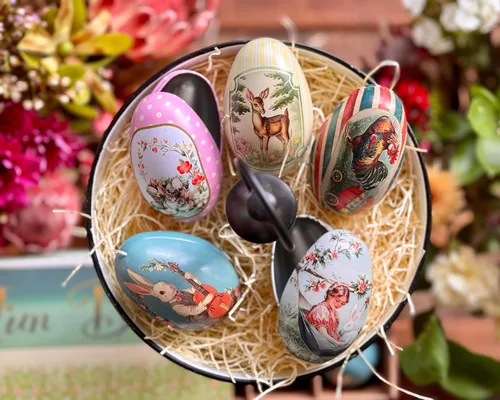Vista 5 de Bärli - Juego de 10 huevos de Pascua de lata vintage, reutilizables, de metal