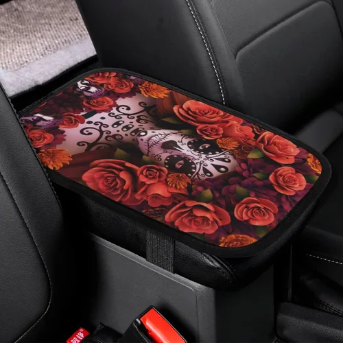 Vista 3 de Consola central de auto para calaveras de azúcar y rosas, Día de Muertos, Halloween, funda para reposabrazos de automóvil, cojín para reposabrazos