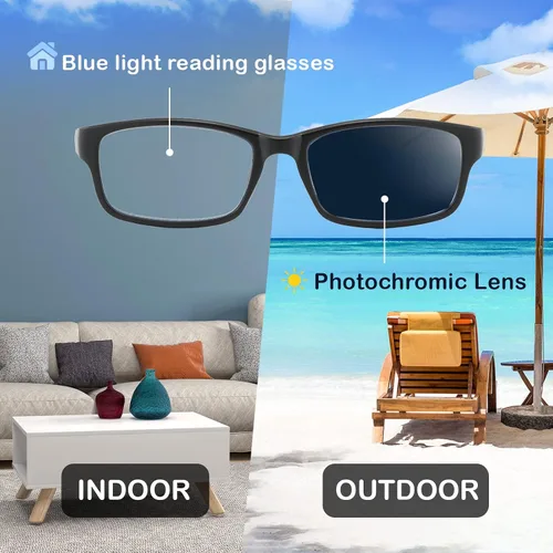 Vista 2 de Gafas de lectura anchas con luz azul para computadora, diseño deportivo, marco para cabeza grande, lentes fotocromáticos tintados
